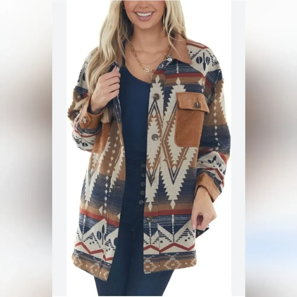 Western Shaket Sweater Jacket Tribal Aztec Print brown black buttondown L - Picture 6 of 13